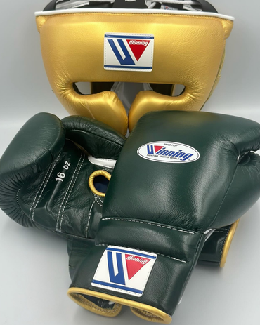 Winning Green/Gold Boxing Gloves Set, Custom Logo, Head & Groin Protector