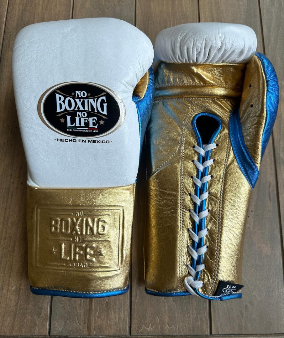 No Boxing No Life Fitness Gloves White/Gold/Blue Custom Fit
