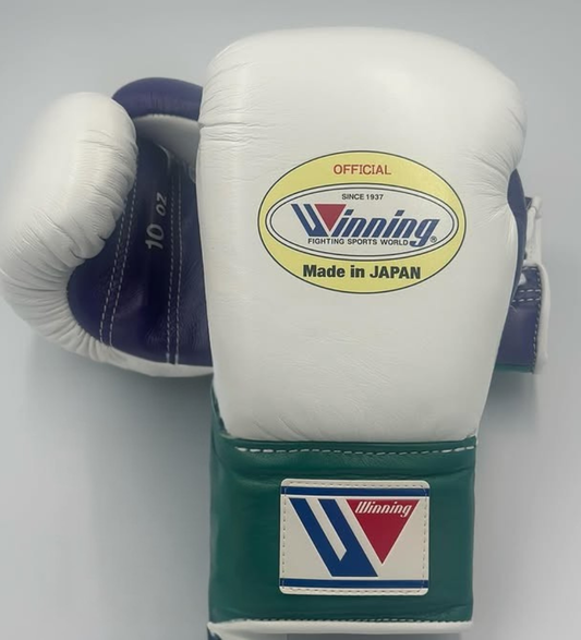 Winning White/Green Fighting Gloves, Soft-Cushion Professional Training