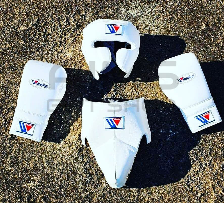 Winning boxing gloves set, Winning WHITE Boxing Gear, Winning Head Guard, Winning Groin Guard,