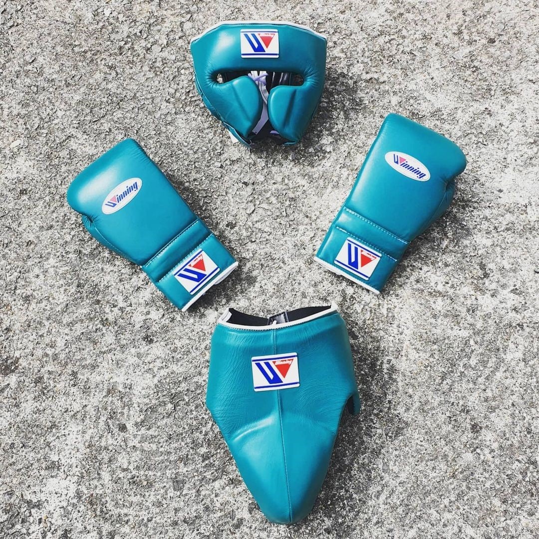 Winning boxing gloves set, Winning Green Boxing Gear, Winning Head Guard, Winning Groin Guard,