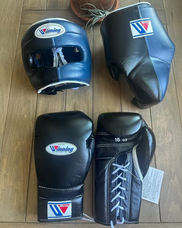 Winning Black Boxing Gloves Set ,Leather Gloves, Winning HeadGuard & GroinGuard