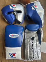 Winning Boxing Set Blue/Silver/White  Lace-Up Gloves Headguard Kit