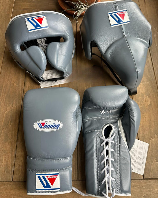 Winning boxing gloves set, Winning grey Boxing Gear, Winning Head Guard, Winning Groin Guard,