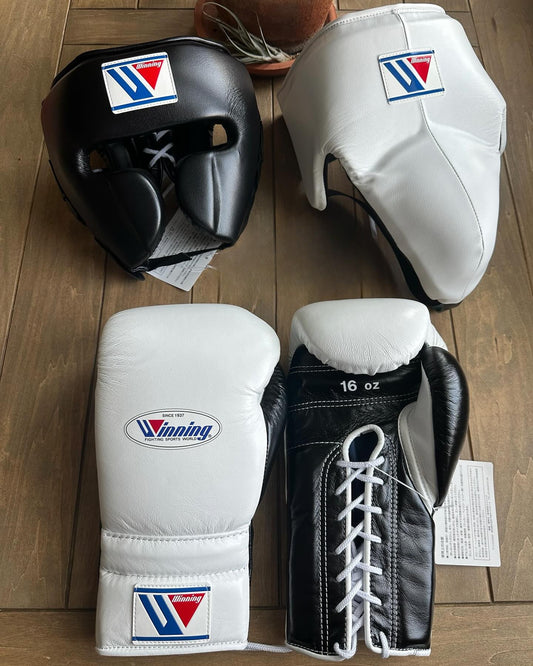 Winning boxing gloves set, Winning WHITE BLACK Boxing Gear, Winning Head Guard, Winning Groin Guard,