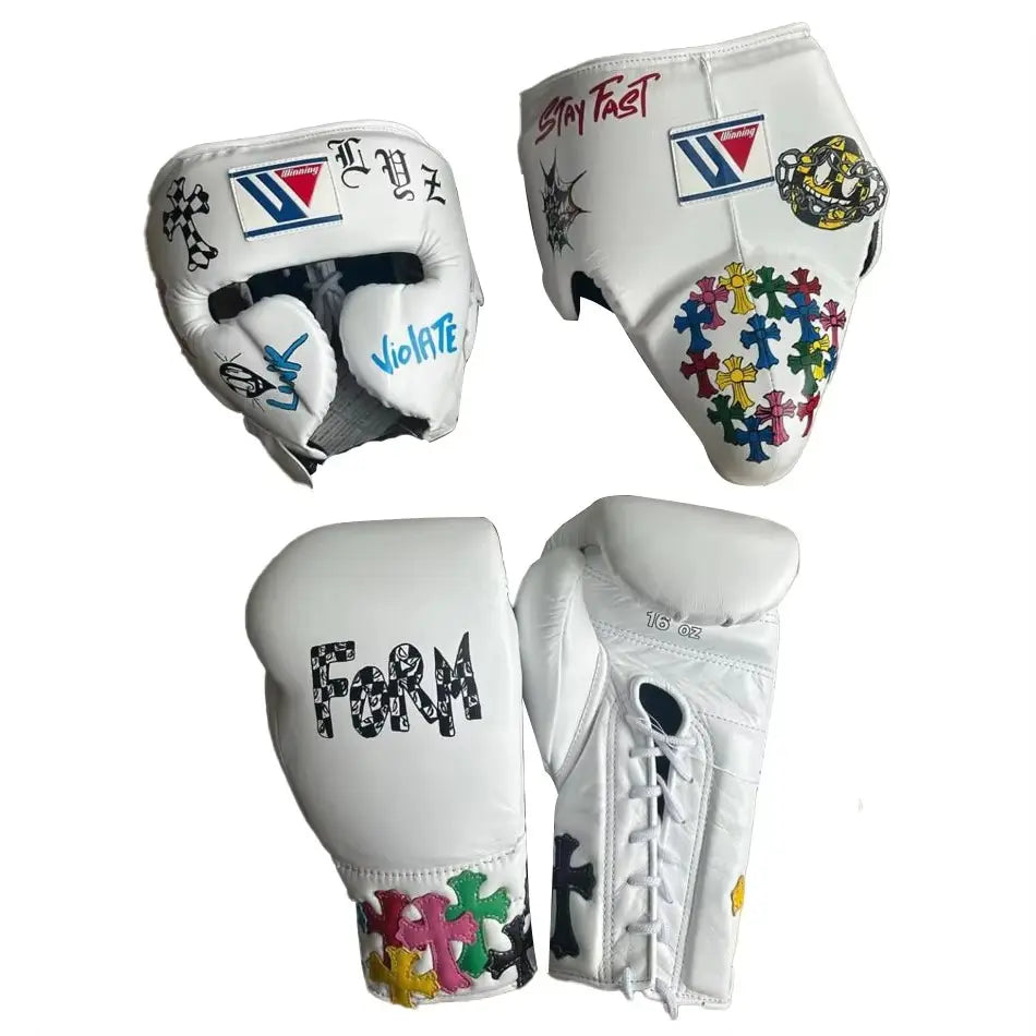 Winning boxing gloves set, Winning WHITE Boxing Gear, Winning Head Guard, Winning Groin Guard