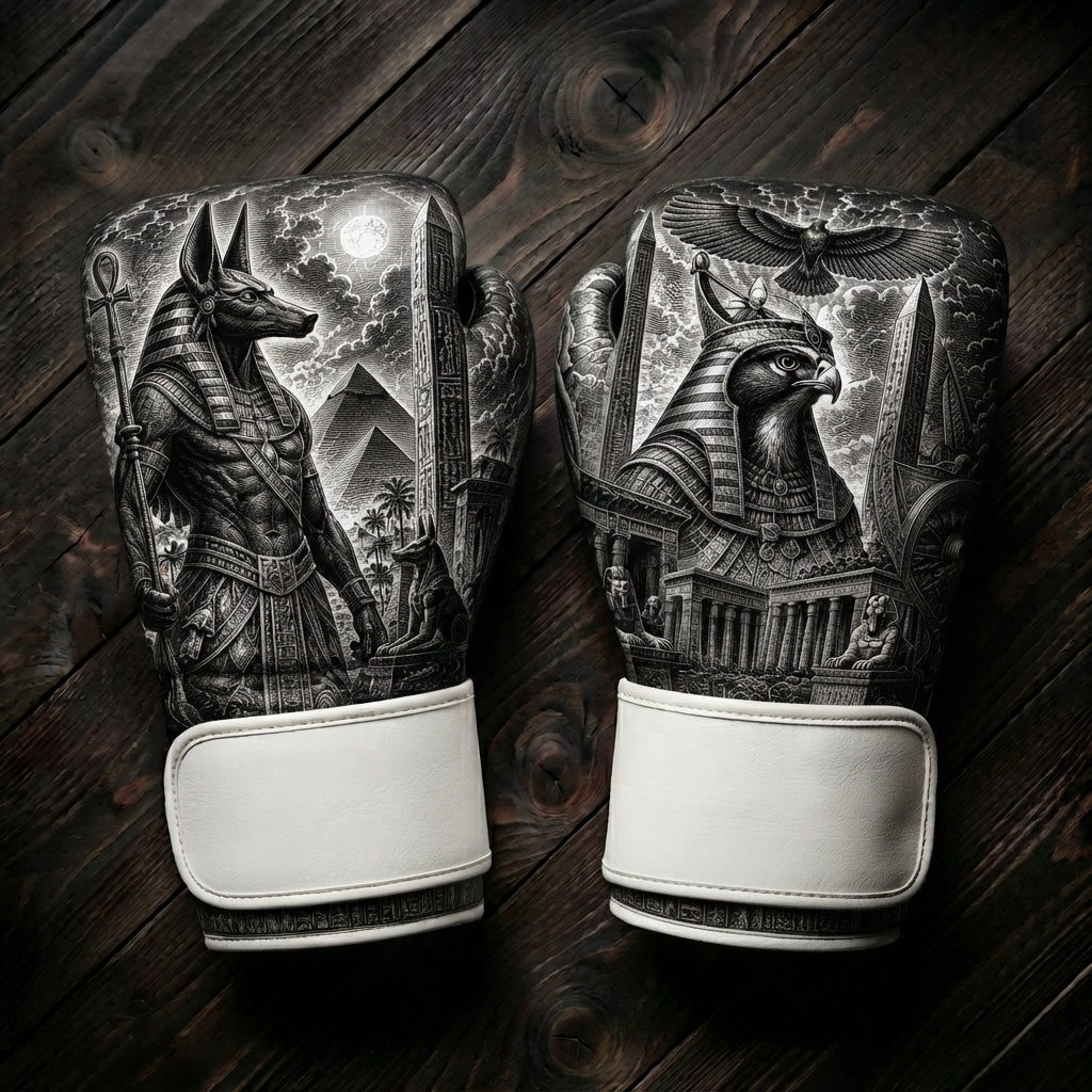 Black and white boxing gloves featuring the Egyptian jackal god Anubis, pyramids, an obelisk, a falcon-headed Pharaoh, ancient temples, and a soaring eagle art design for combat sports training.