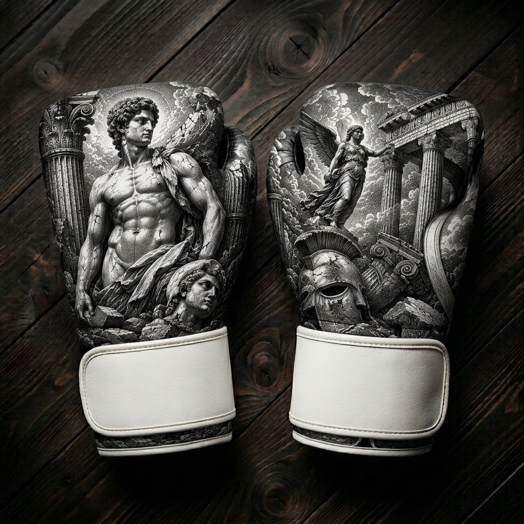 Black and white boxing gloves featuring a classical Greek god statue, ancient stone pillars, a winged goddess soaring over a temple, and a warrior helmet art design for combat sports training.