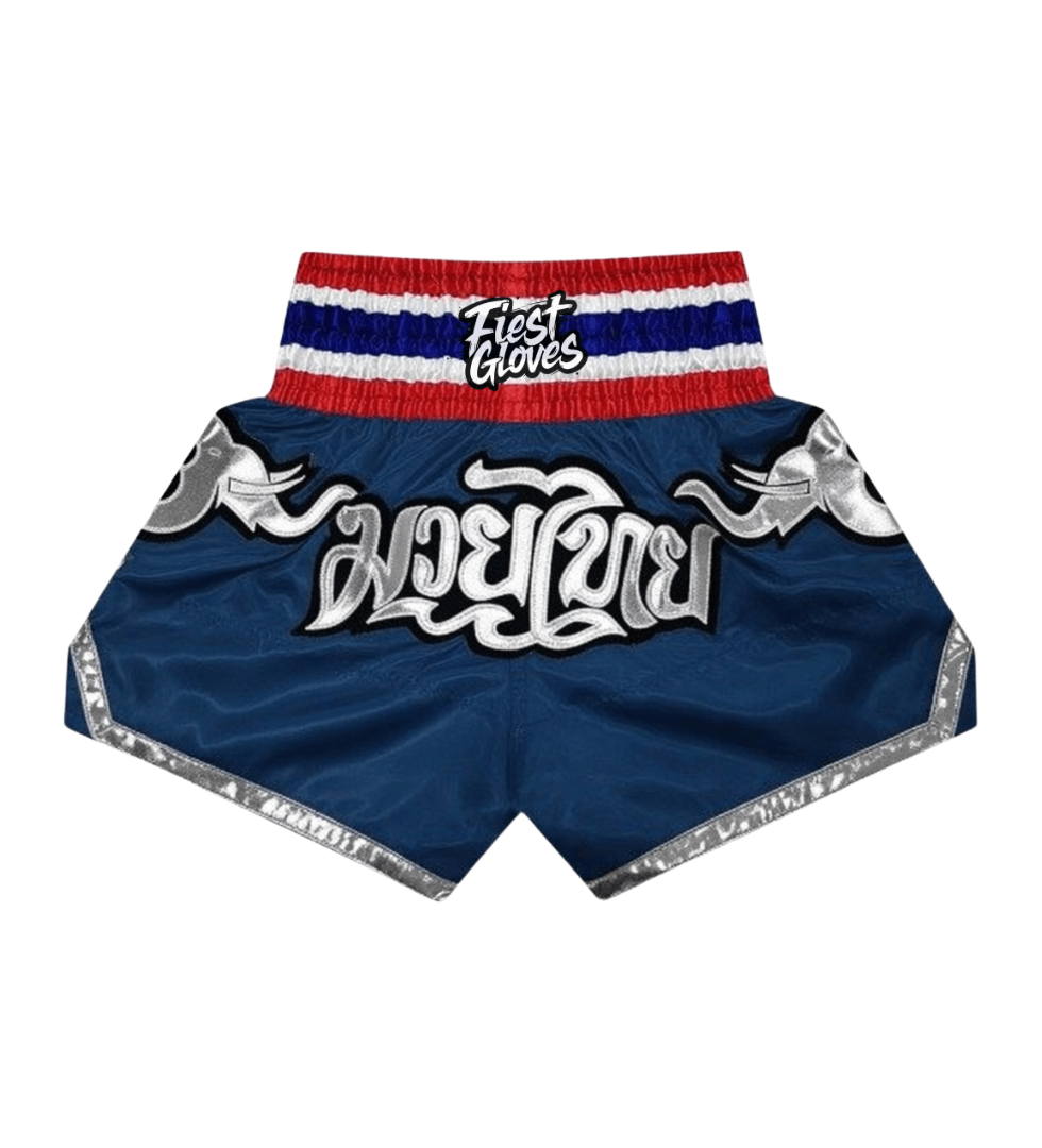 Blue/Silver/Red/White boxing shorts for men front view on white background