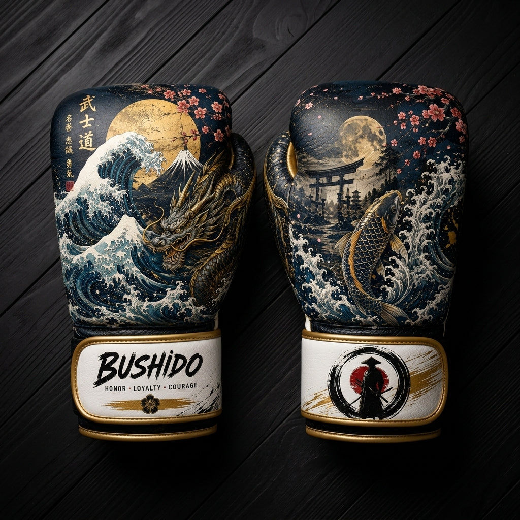 Dark blue and gold boxing gloves featuring a Japanese dragon, ocean wave, Mount Fuji, koi fish, and Torii gate art design for combat sports training.