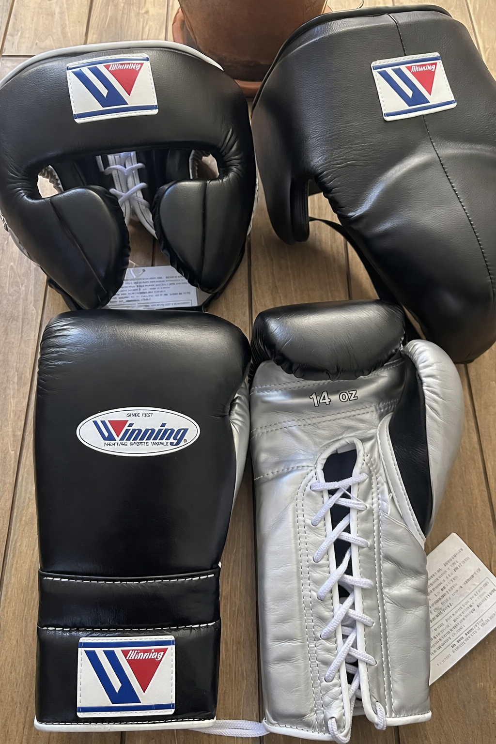 Affordable Winning Boxing Gloves Set Black/Silver 16oz Training Bundle
