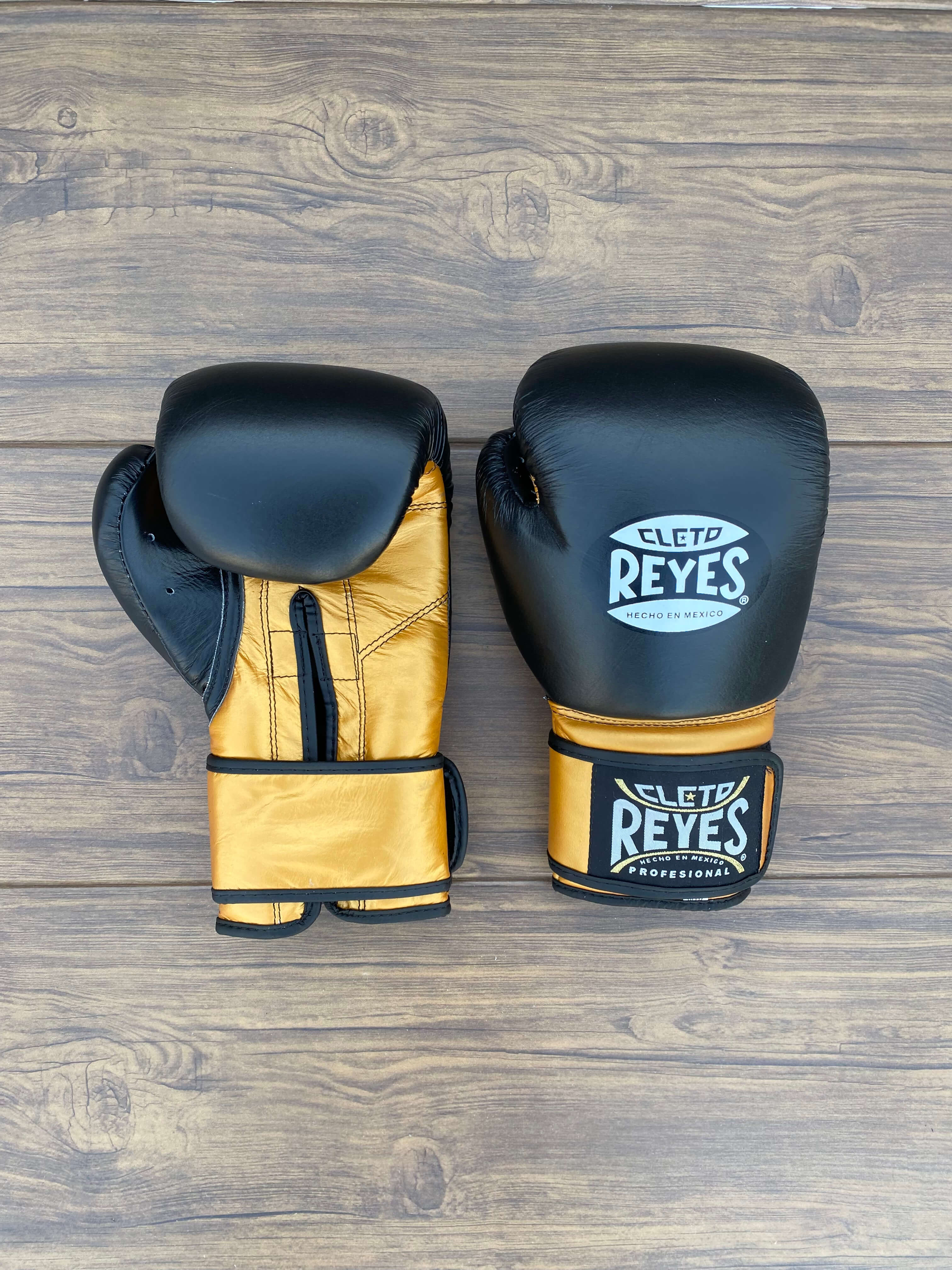 Cleto Reyes Black/Gold Velcro Boxing Gloves Classic Training Gloves Front View