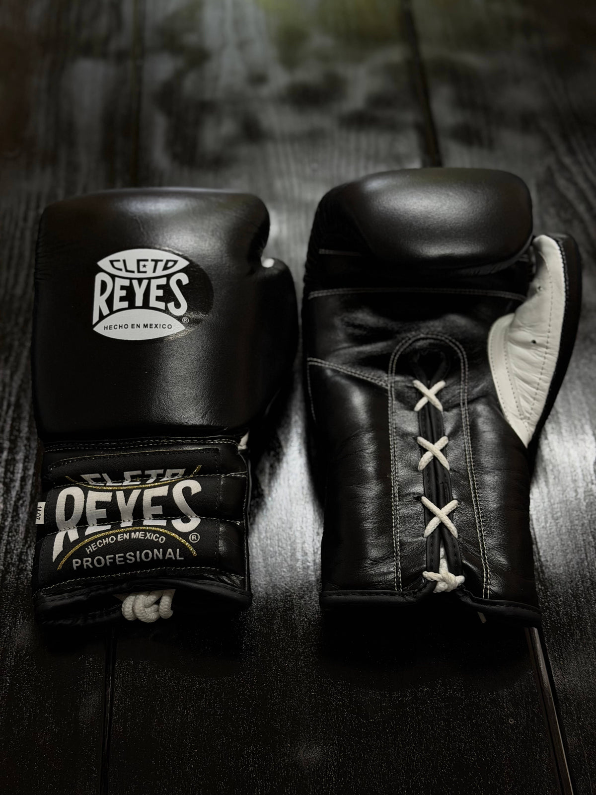 Cleto Reyes Boxing Gloves Black/White Padded Leather Gloves Front View