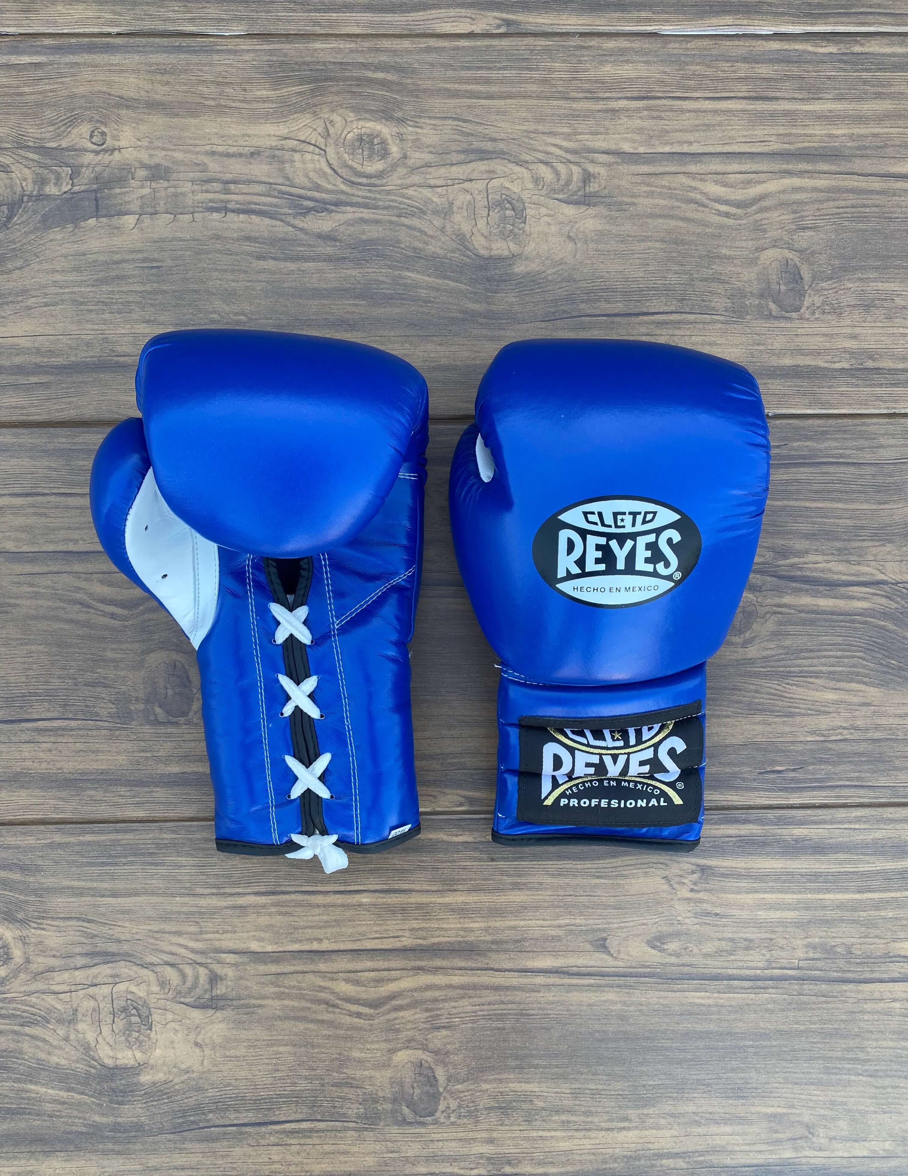 Cleto Reyes Boxing Gloves Blue/White Lace Up Leather Gloves Front View