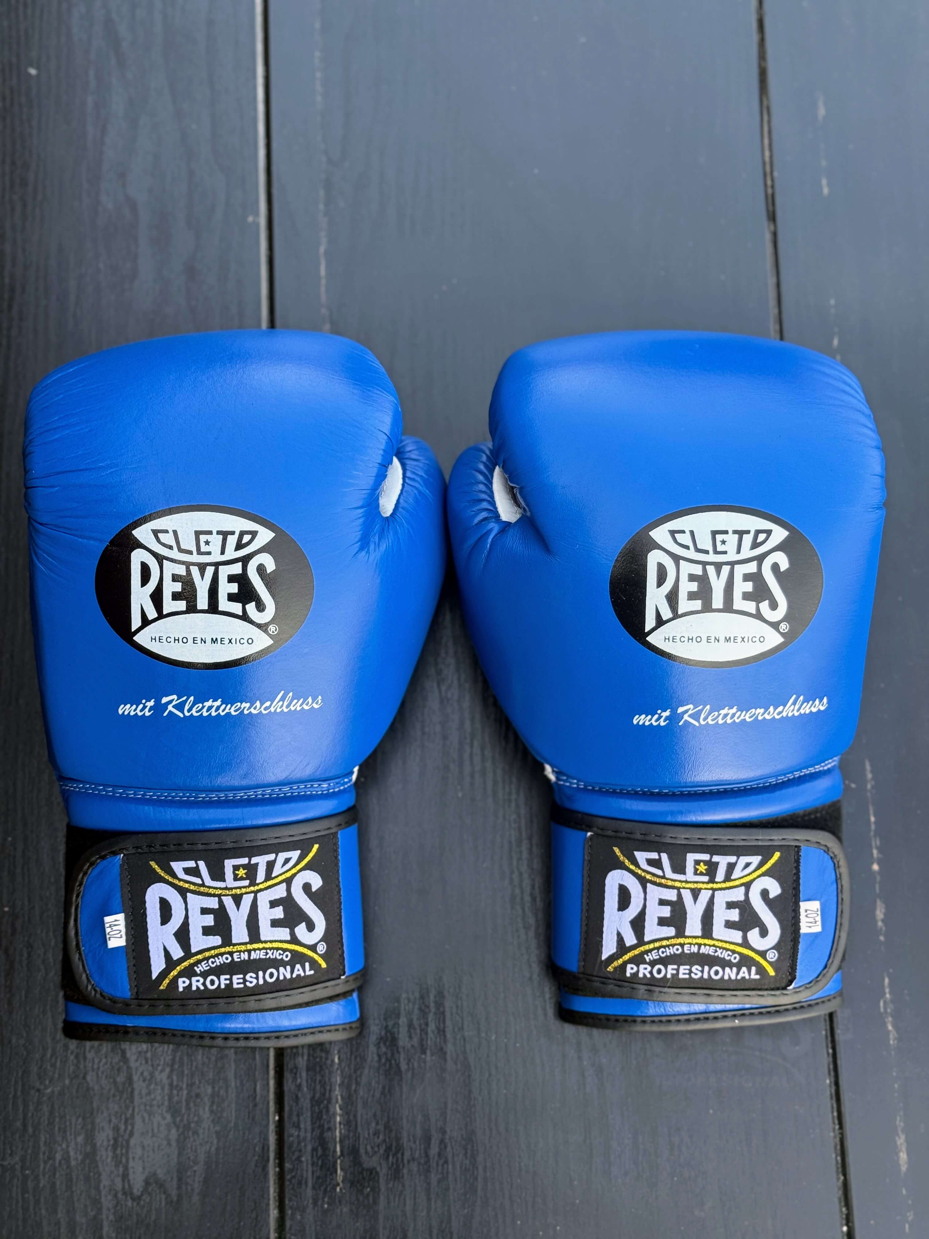 Cleto Reyes Blue/White Leather Boxing Gloves Professional Training Pair ack View