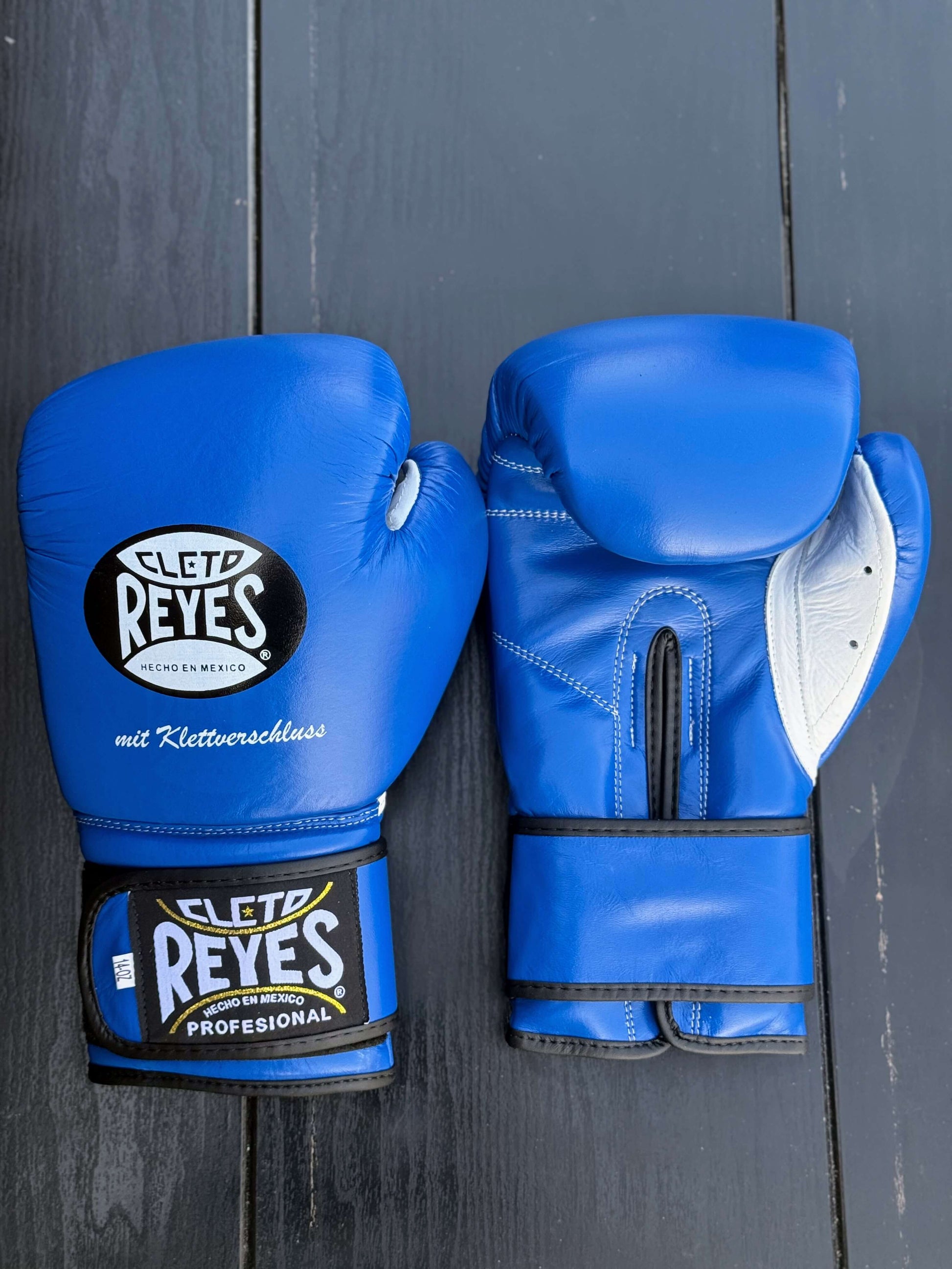 Cleto Reyes Blue/White Leather Boxing Gloves Professional Training Pair Front View