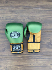 Cleto Reyes Boxing Gloves Green/Gold Leather Training Gloves Front View