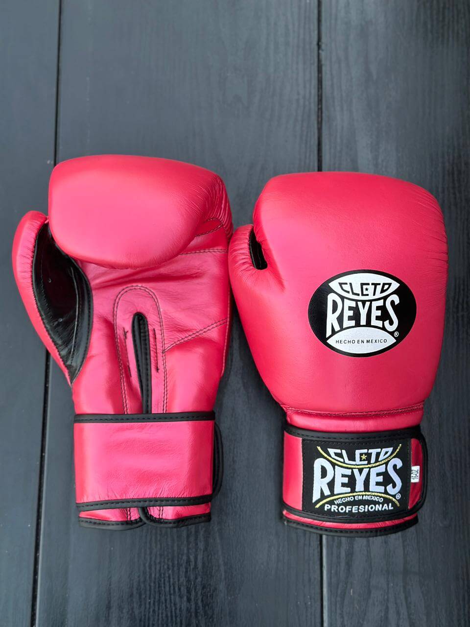 Cleto Reyes Genuine Leather Boxing Gloves Pink/Black 14oz Pair Front View