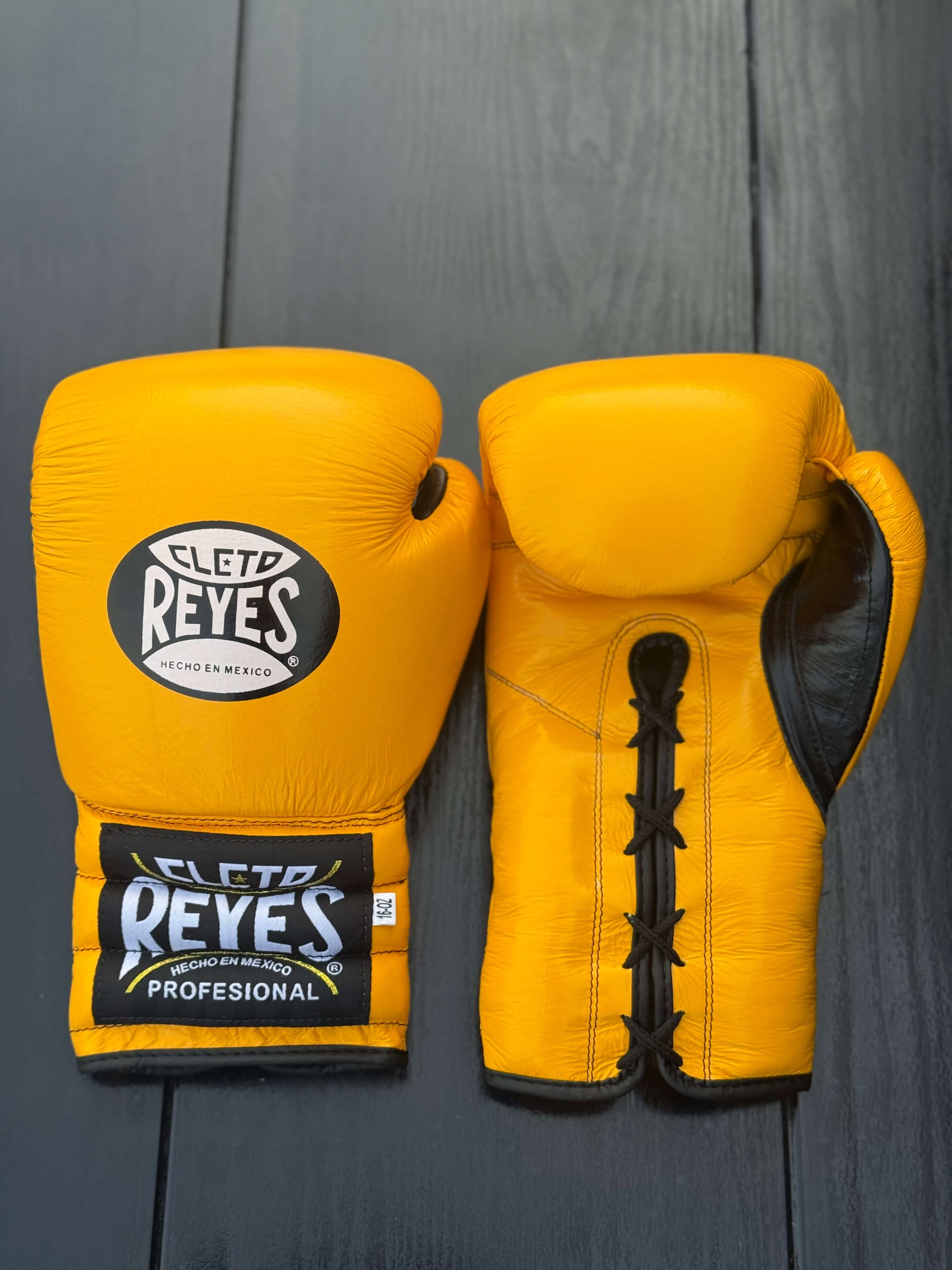 Cleto Reyes Boxing Gloves Yellow/Black Padded Leather Gloves Front View