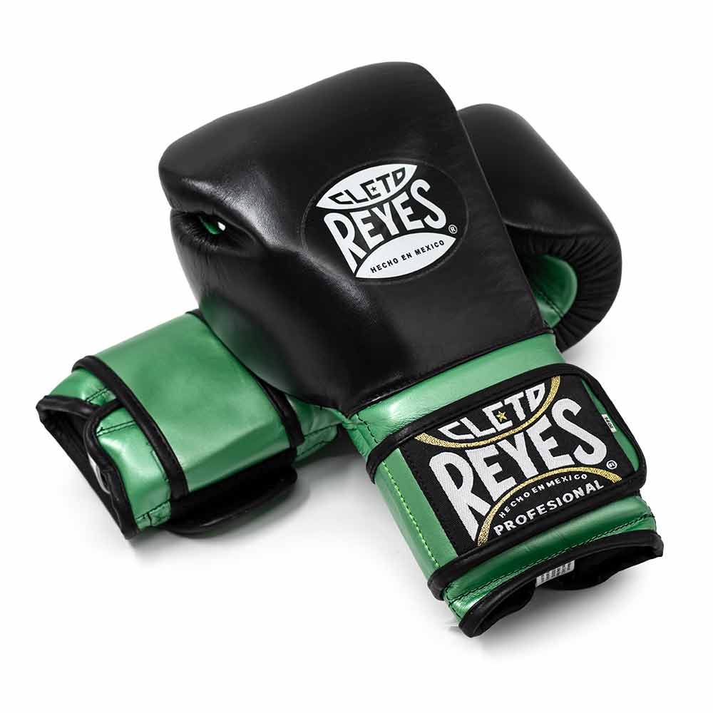 Cleto Reyes Black/Green Leather Boxing Gloves Back View Professional Training Pair