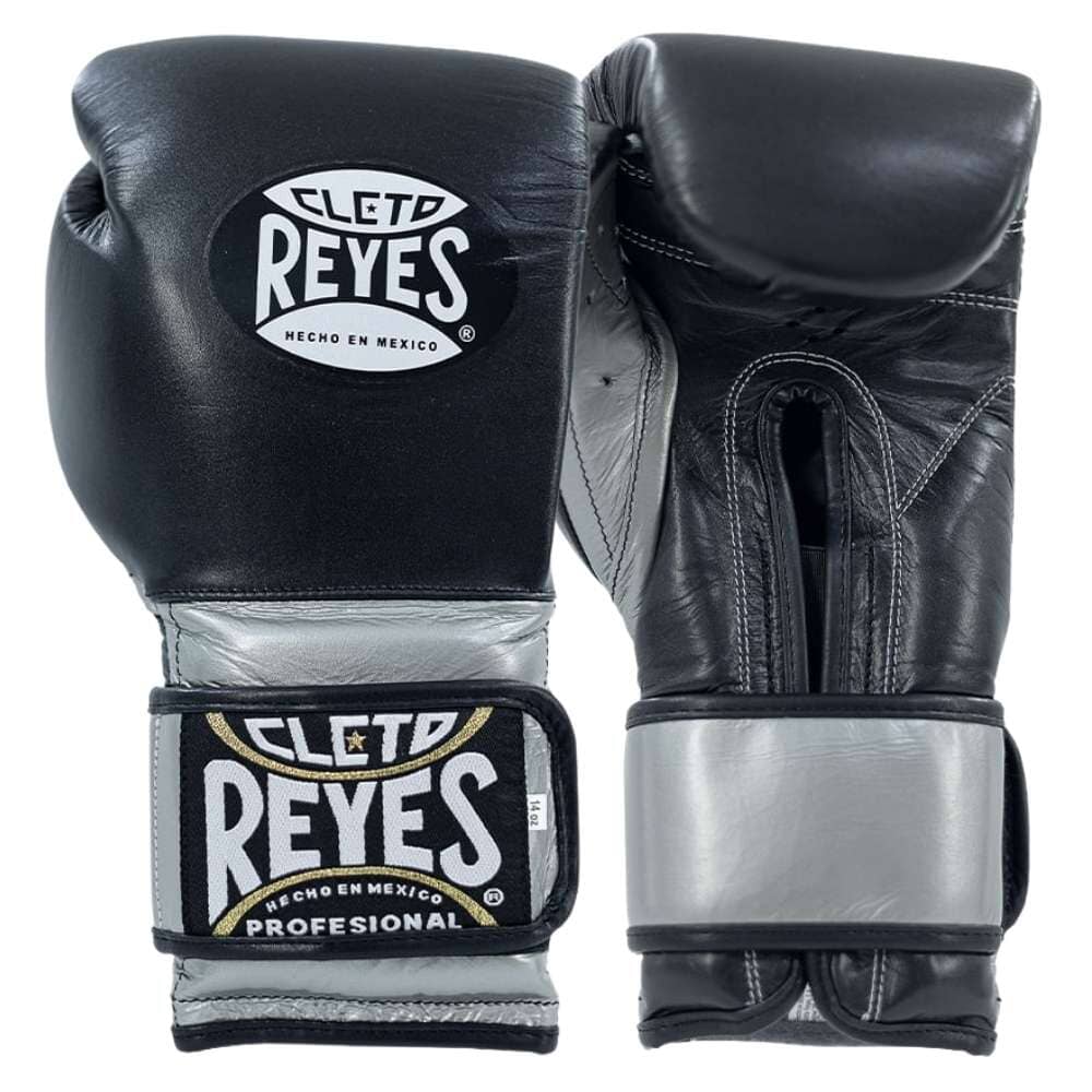 Cleto Reyes Leather Boxing Gloves Black/Silver on Hands Training Action Shot