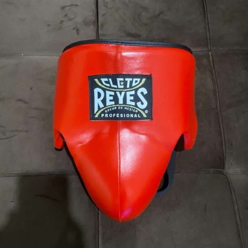 Cleto Reyes Boxing Set Red Lace Up Gloves groin guard view Premium Training Gear