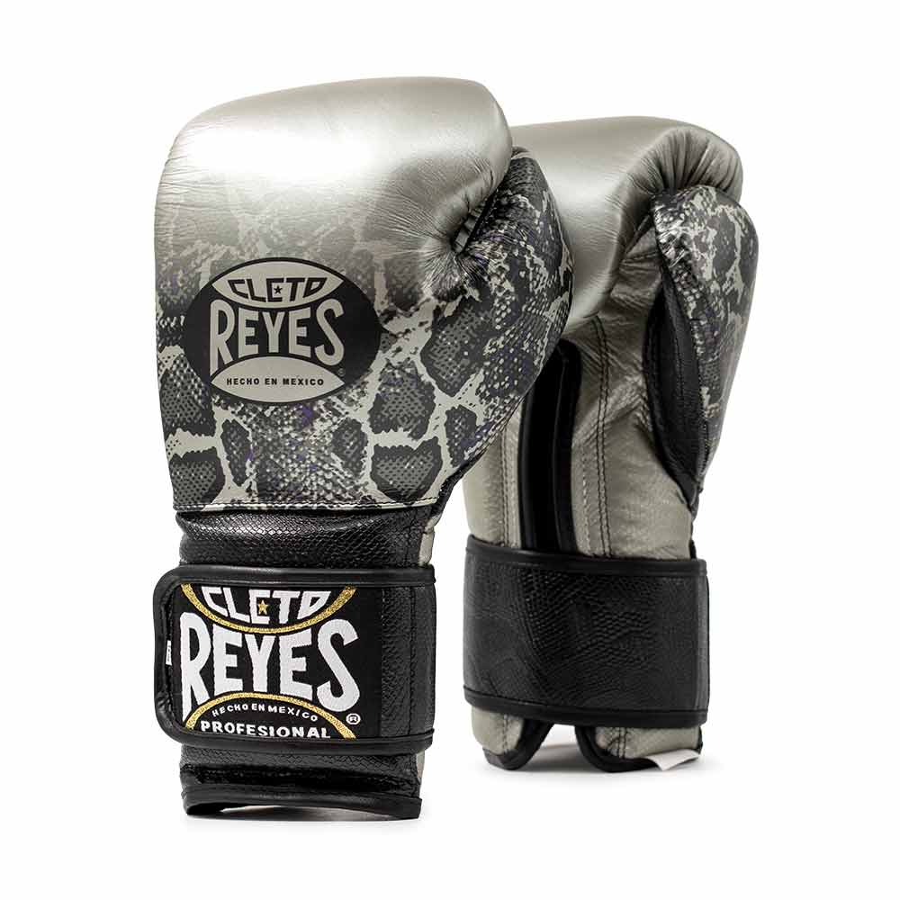 Cleto Reyes Genuine Leather Boxing Gloves Silver/Black Snake Style 14oz Pair