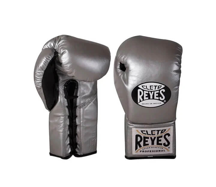 Cleto Reyes Silver/Black front and back view 14oz Boxing Gloves Premium Sparring Gloves