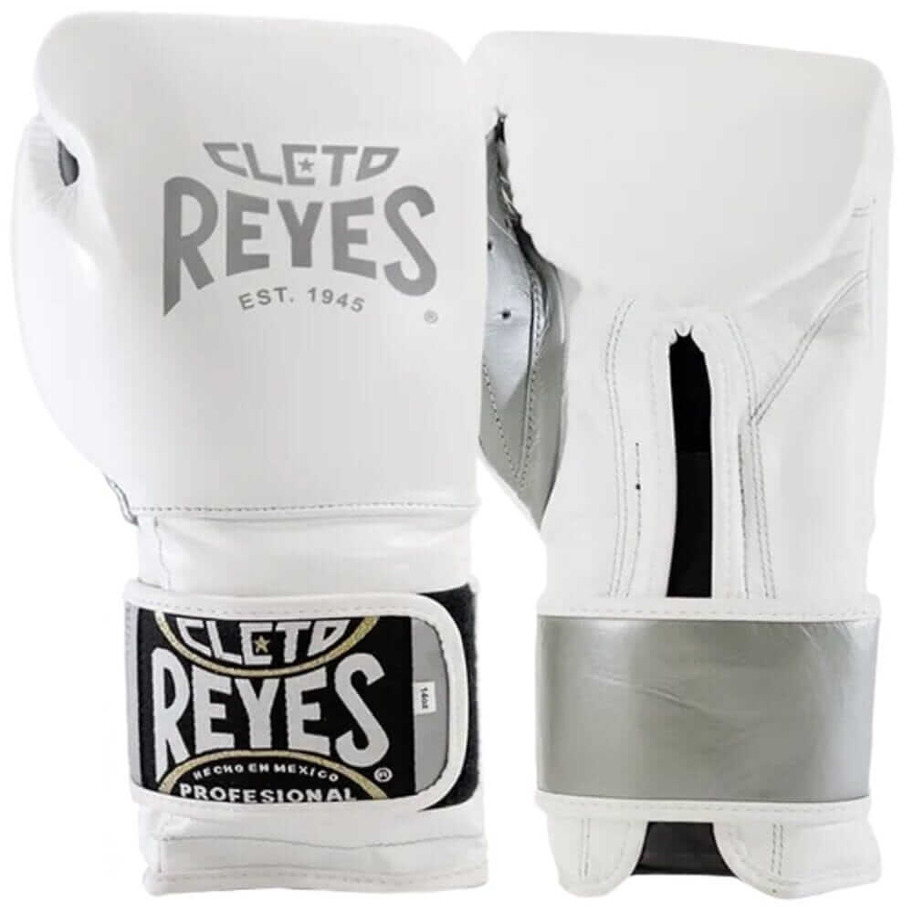 Cleto Reyes Boxing Gloves White/Silver Velcro Design Close Up