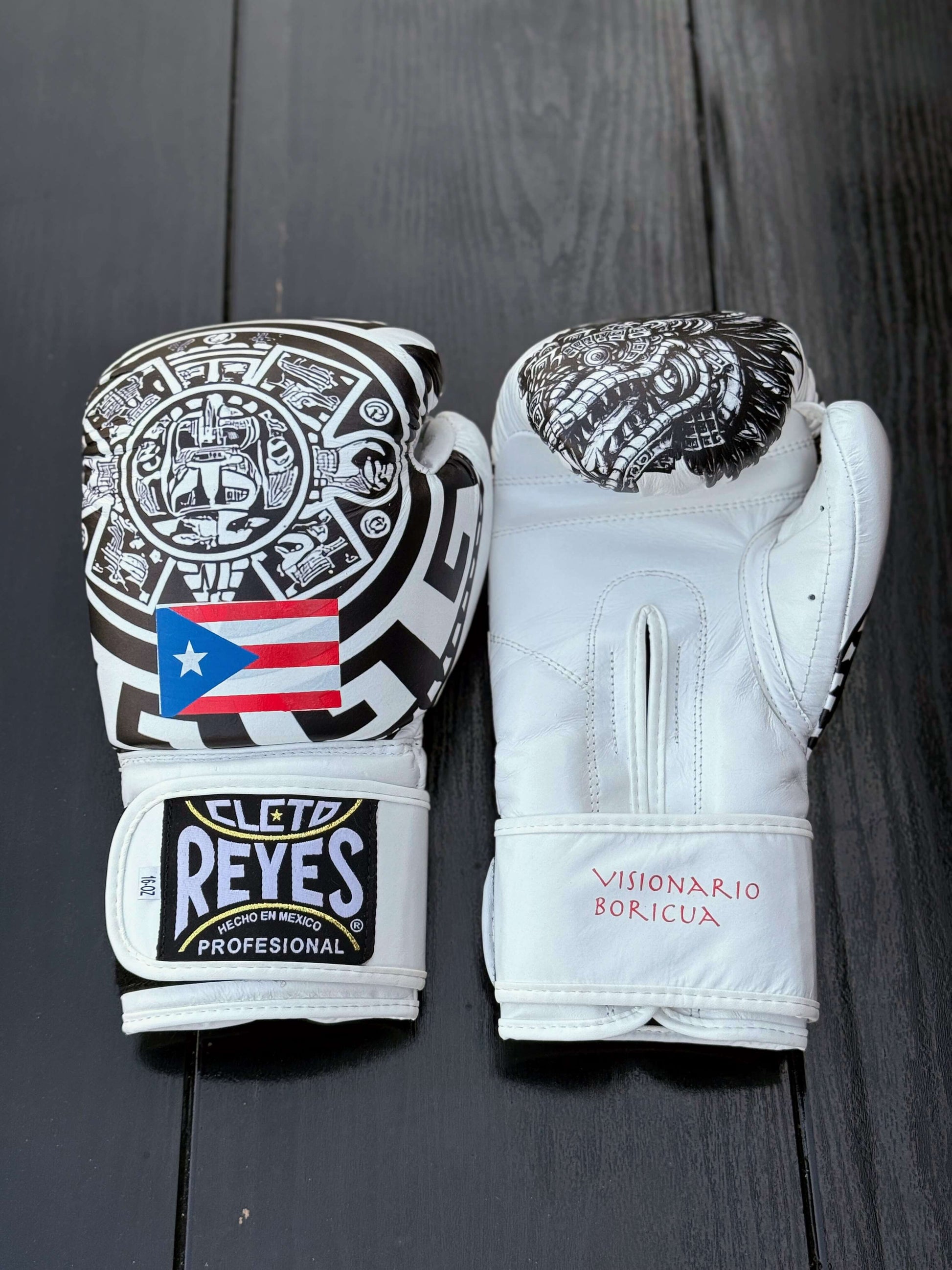 Cleto Reyes Boxing Set Velcro Gloves White Aztec Style Sparring Training Gloves Front View