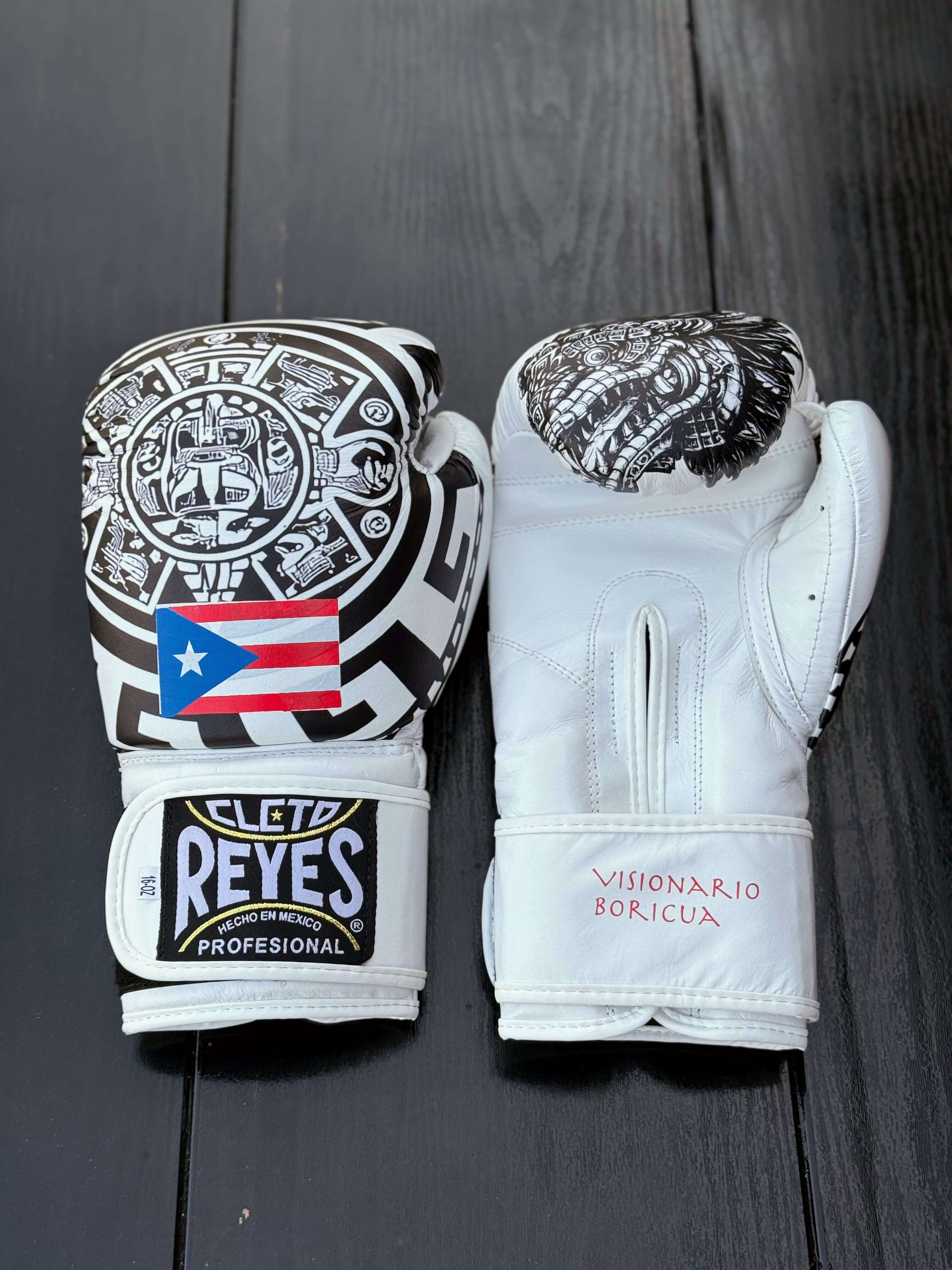 Cleto Reyes Boxing Set Velcro Gloves White Aztec Style Sparring Training Gloves Front View