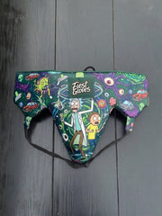 Custom Rick and Morty themed boxing groin guard with dark green and purple cosmic artwork, featuring Rick Sanchez and Morty Smith on premium leather.