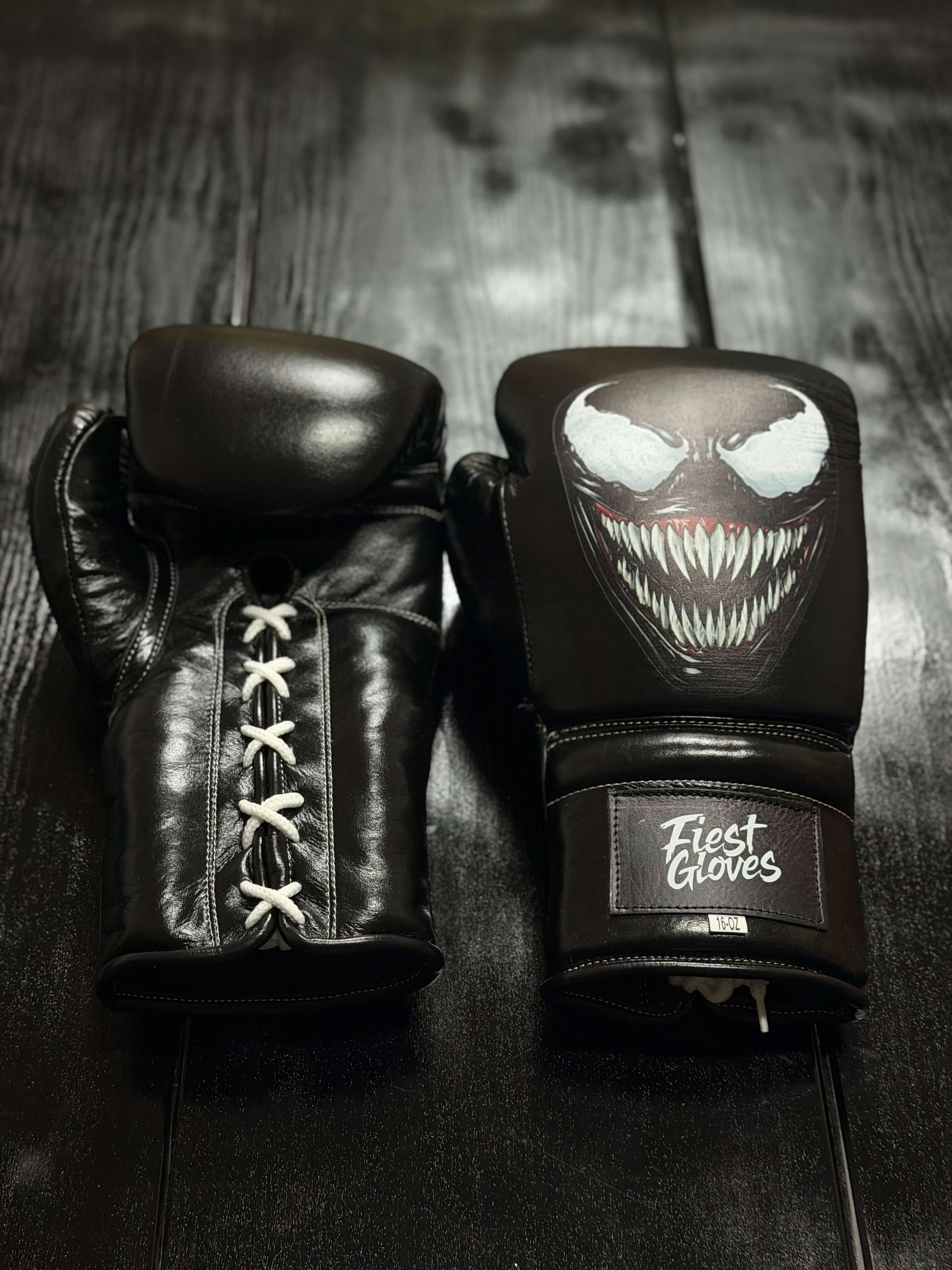 Fiest Winning Style Boxing Gloves Black  Venum Style Leather Training Gloves Front View