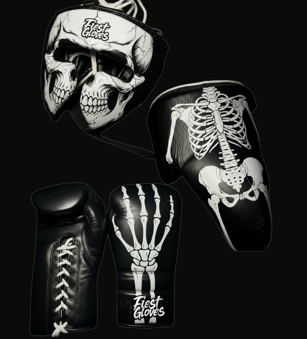 Fiest Boxing Set Black/White Skeleton Style 14oz Gloves with Headguard Training Kit