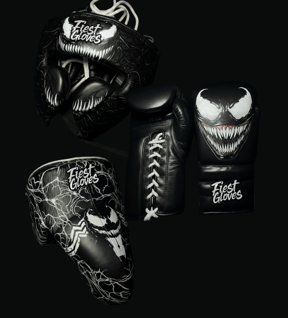 Fiest Complete Boxing Set Black/White Gloves Headguard Groin Guard Bundle