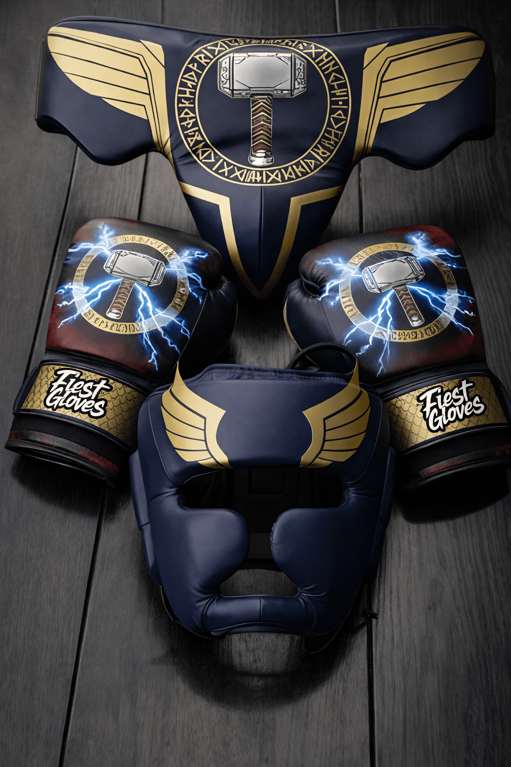 Fiest Dark-Blue/Gold Boxing Set Fitness Training Gloves Headguard