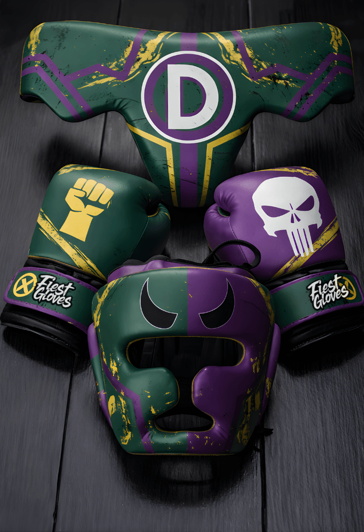 Fiest Boxing Set Green/Purple/White/Gold Gym Training Gloves Headguard
