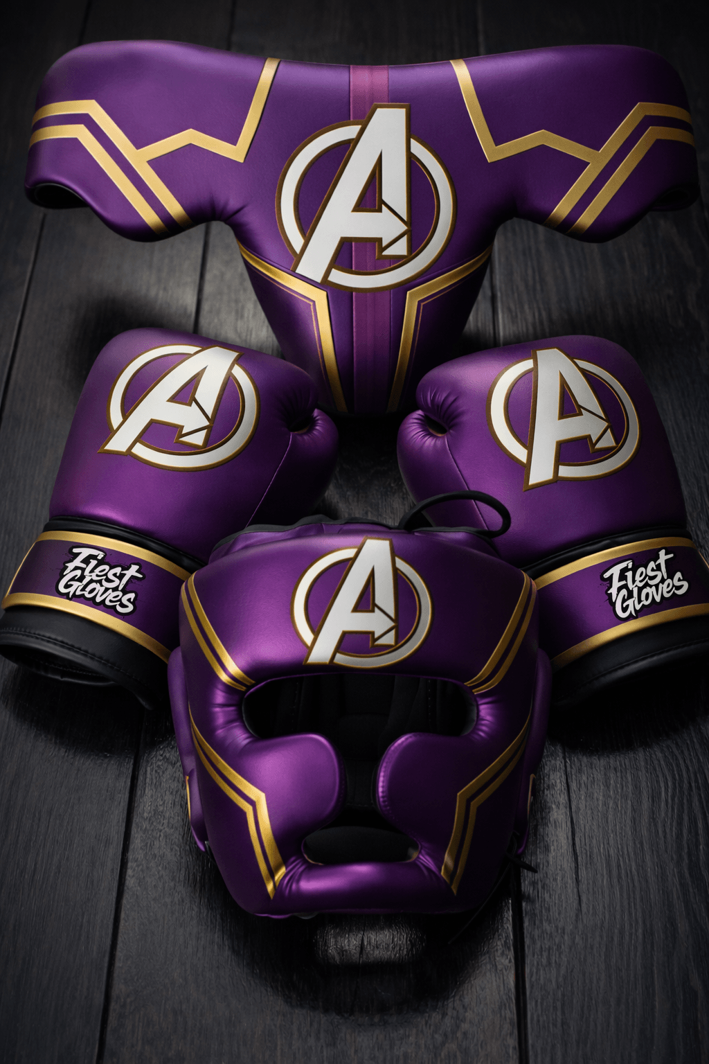 Fiest Boxing Set Purple/White/Gold 14oz Gloves with Headguard Training Kit