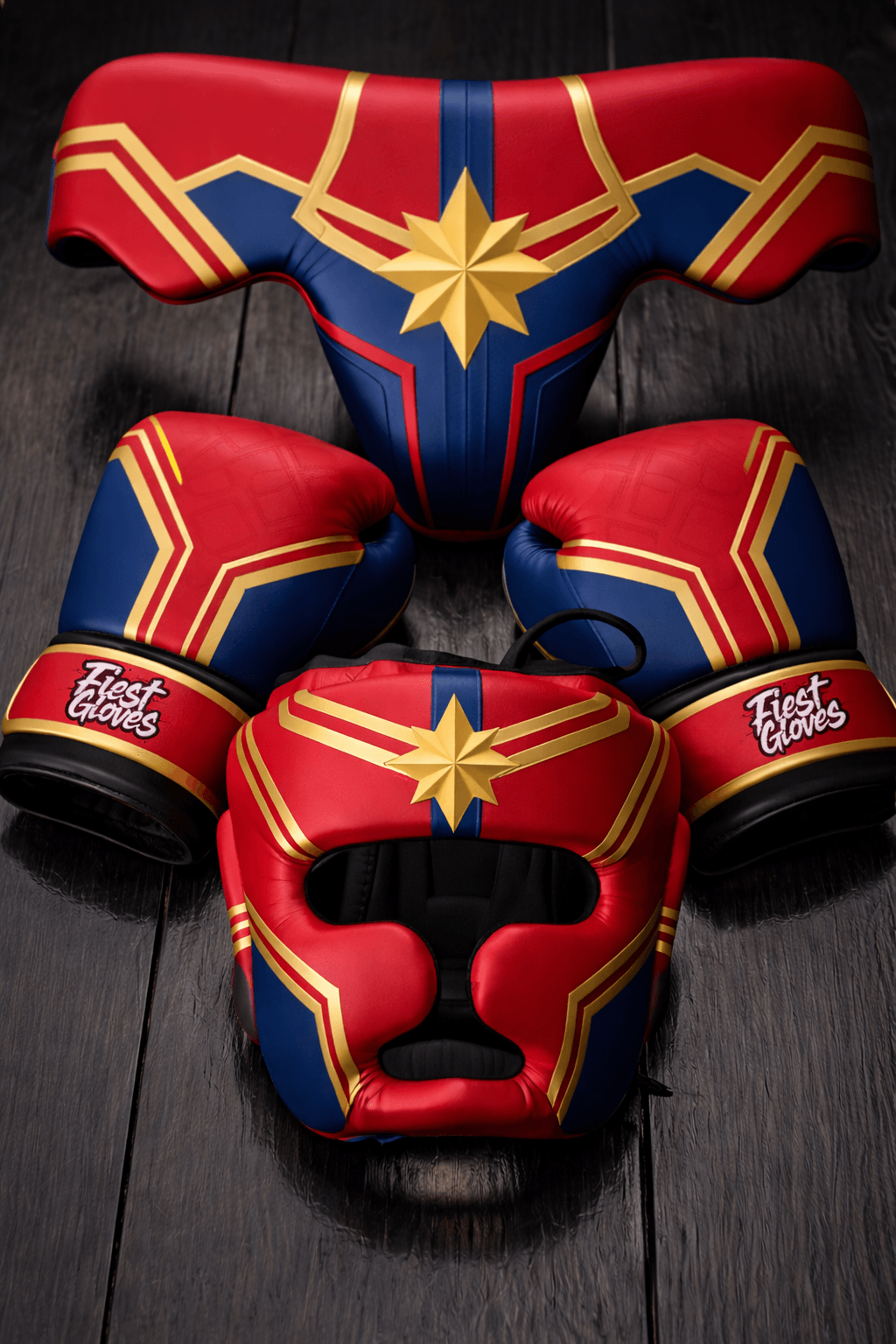 Fiest Complete Boxing Set Red/Blue/Gold Gloves Headguard Groin Guard Bundle