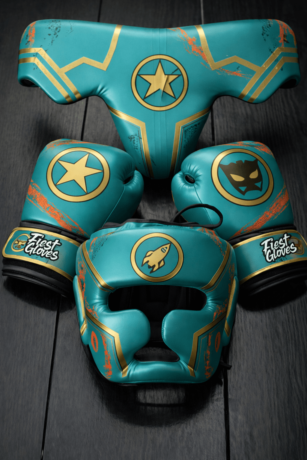 Fiest Full Boxing Gear Set Teal/Brown/Gold 14oz Gloves Training Pack