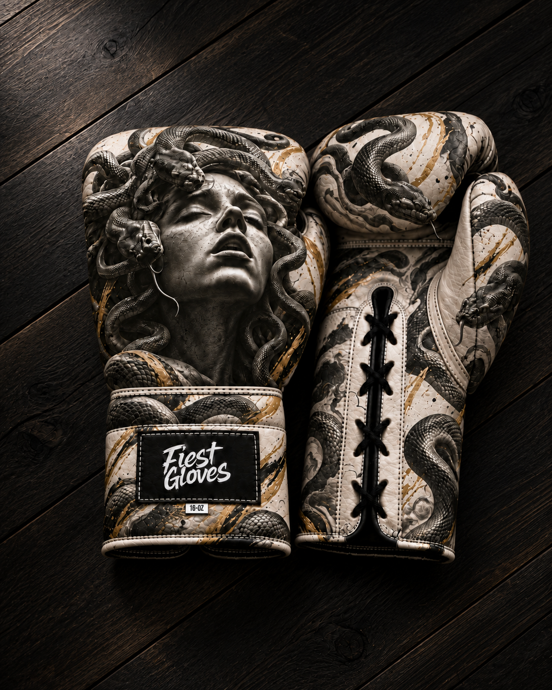 Fiest Medusa Style Boxing Gloves featuring intricate snake graphics, 16oz size, and Fiest Gloves logo on a wooden background.
