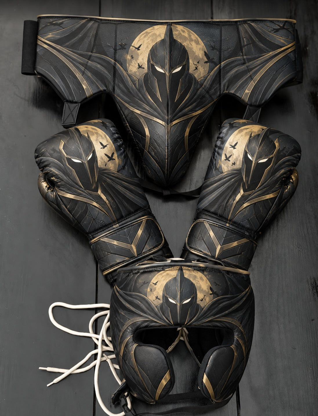 A coordinated set of black protective gear with gold bat-themed graphics, including a headguard, boxing gloves, and a waist guard, arranged on a dark wooden surface.