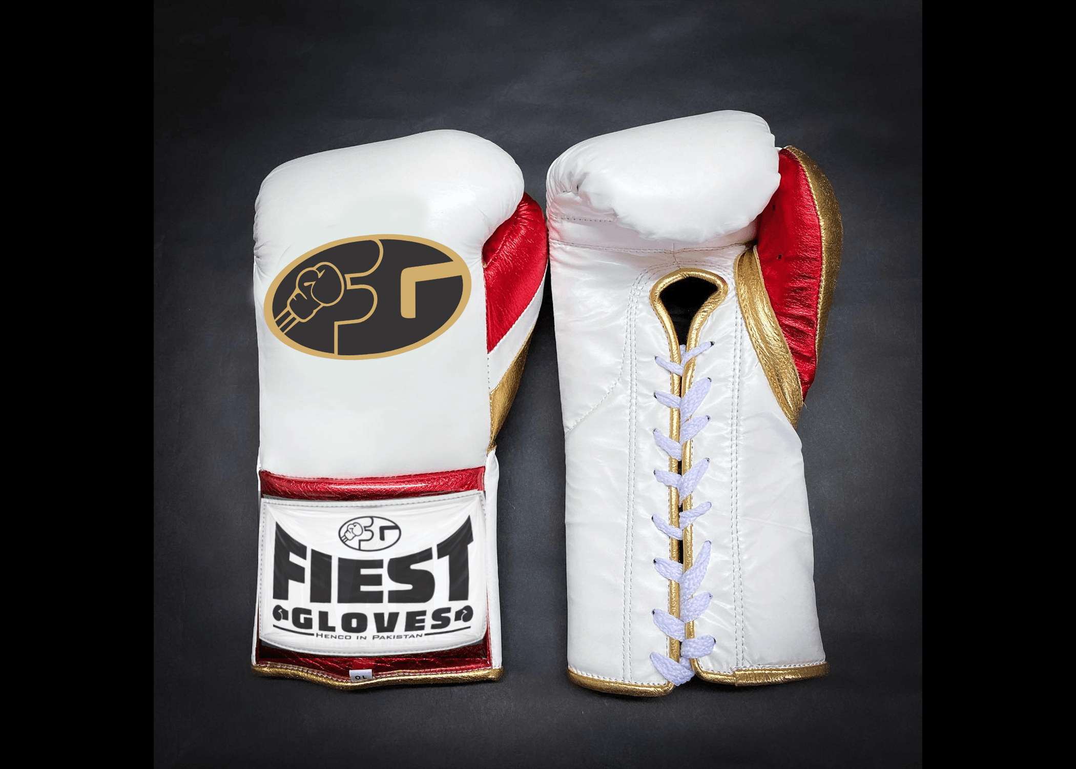 Fiest Winning Style White/Red/Gold Lace-Up Boxing Gloves Classic Training