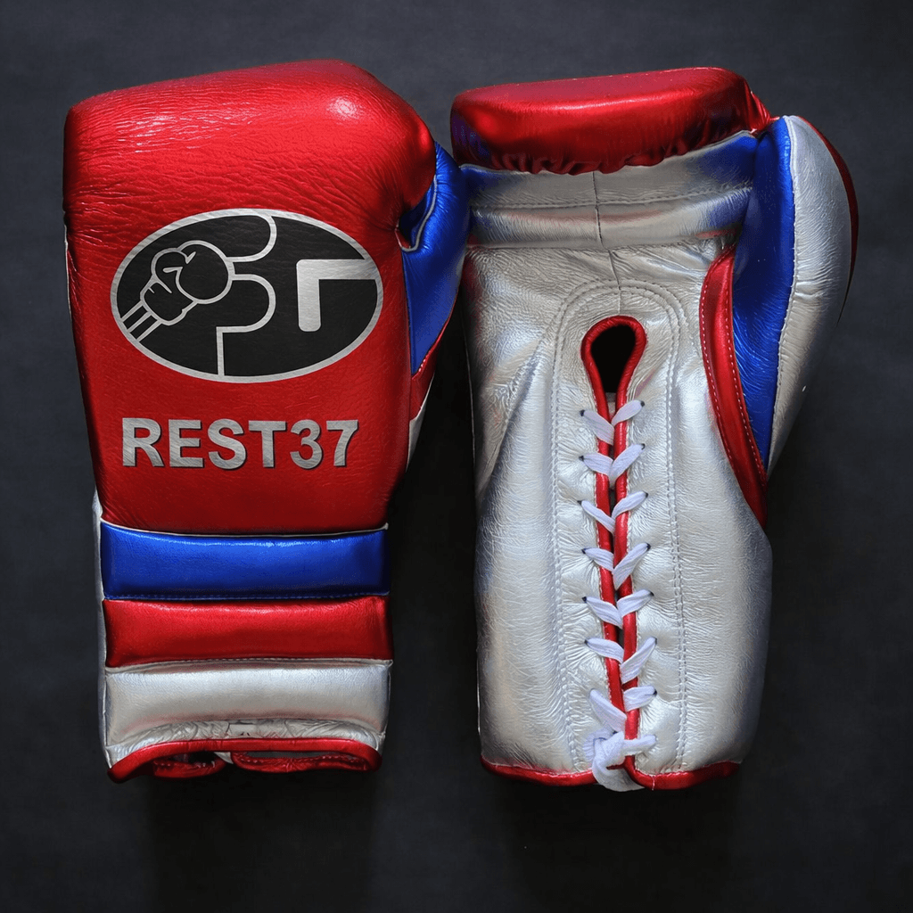 Fiest Winning Style Red/Silver/Blue Leather Boxing Gloves Heavy Duty Pair
