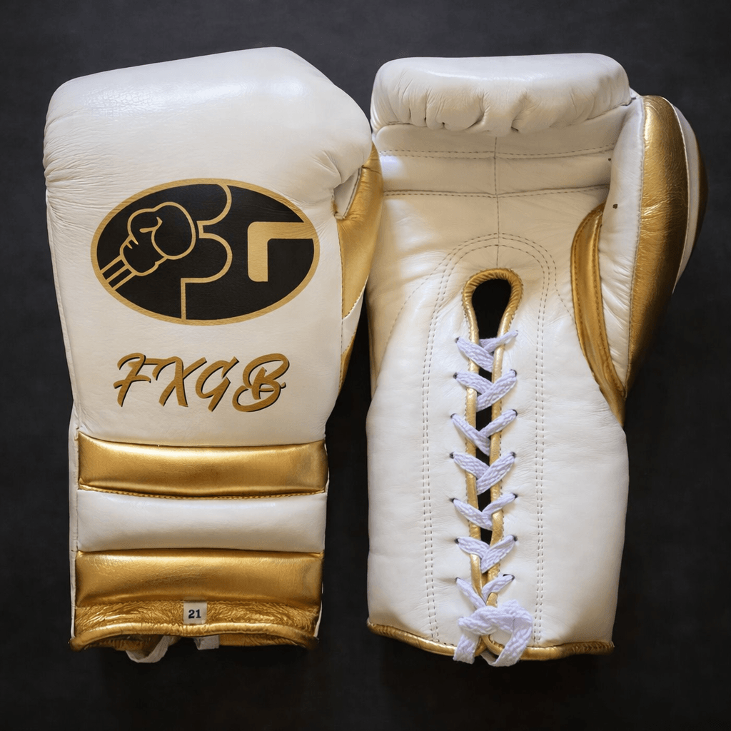 Fiest Winning Style Boxing Gloves White/Gold 14oz Leather Training Gloves
