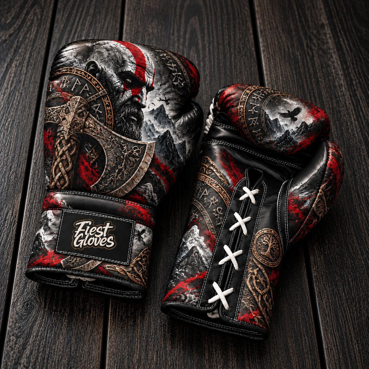 Fiest Gloves custom God of War Kratos boxing gloves featuring Leviathan Axe graphic, red war paint, Norse runes, and white lace-up design on dark wood background