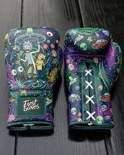 Fiest Gloves custom sci-fi portal and alien print lace-up boxing gloves on a dark wooden studio background