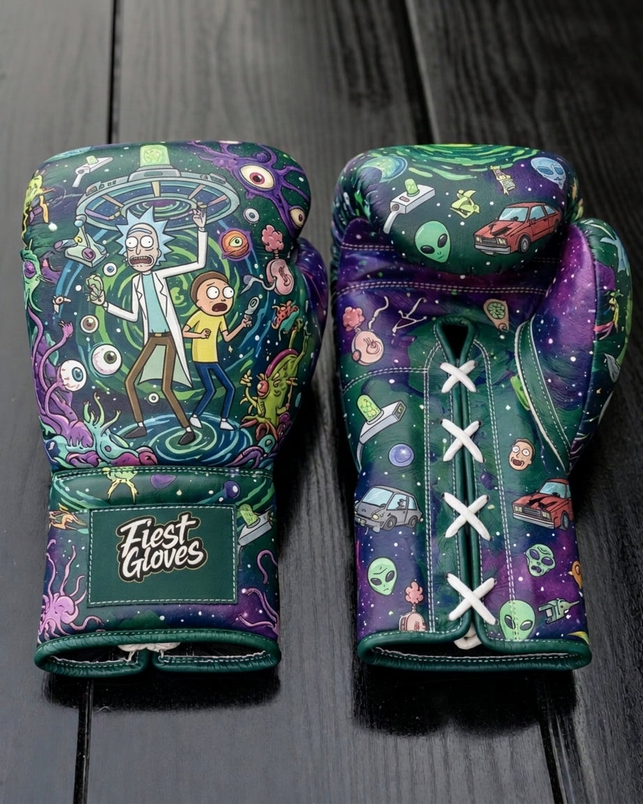 Fiest Gloves custom sci-fi portal and alien print lace-up boxing gloves on a dark wooden studio background