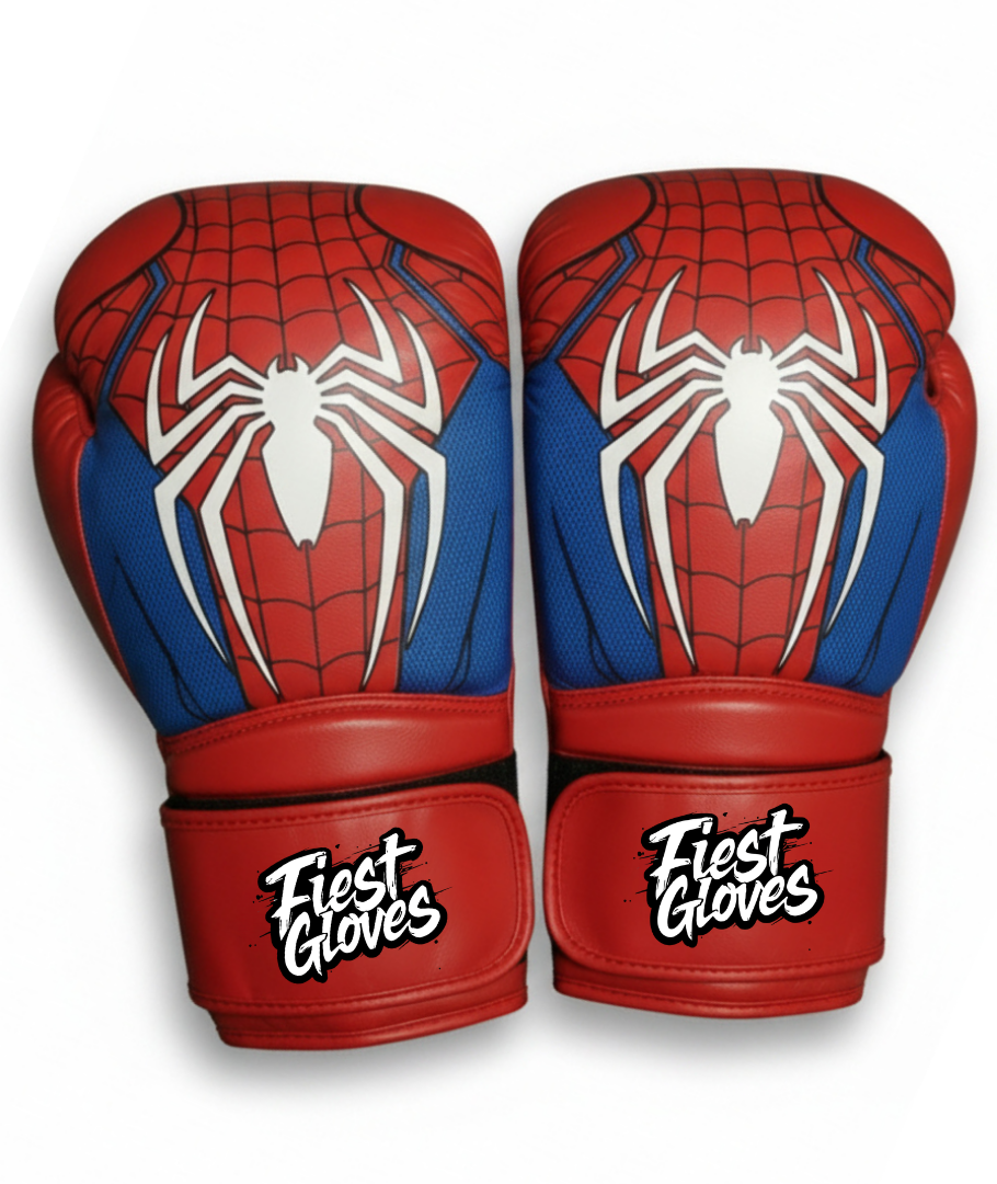 Fiest Winning Style Boxing Gloves Red/Blue Spider Style on Hands Training Action Shot