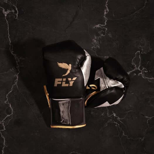 Fly Black/Silver/Gold Boxing Gloves 14oz Premium Training Gloves